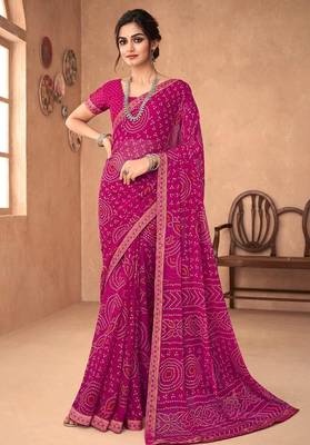 magenta chiffon bandhani geometric printed saree with blouse  1