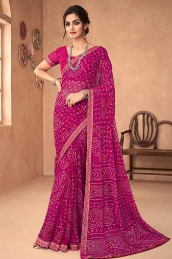magenta chiffon bandhani geometric printed saree with blouse 