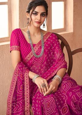 magenta chiffon bandhani geometric printed saree with blouse  2