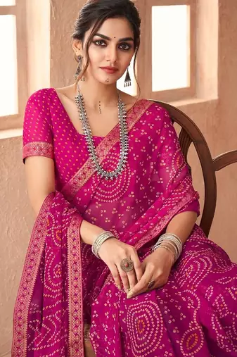 magenta chiffon bandhani geometric printed saree with blouse 