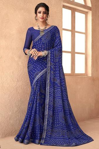 blue chiffon bandhani geometric printed saree with blouse 