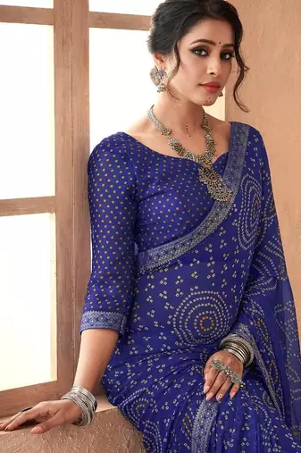 blue chiffon bandhani geometric printed saree with blouse 