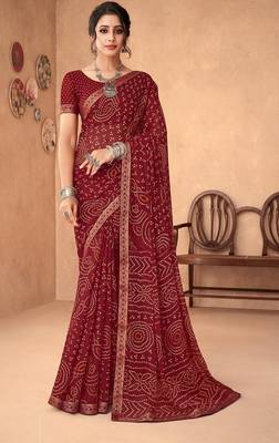 maroon chiffon bandhani geometric printed saree with blouse  1