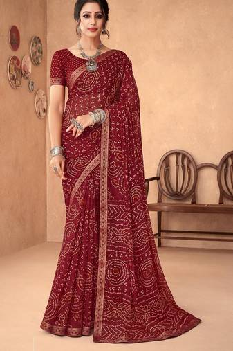 maroon chiffon bandhani geometric printed saree with blouse 