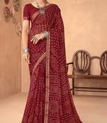maroon chiffon bandhani geometric printed saree with blouse 