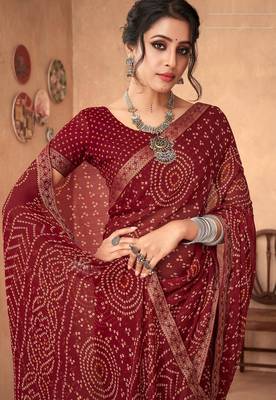 maroon chiffon bandhani geometric printed saree with blouse  2