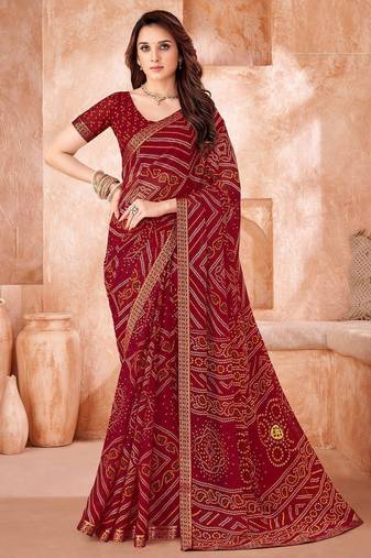 maroon chiffon bandhani geometric printed saree with blouse 