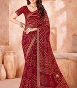 maroon chiffon bandhani geometric printed saree with blouse 