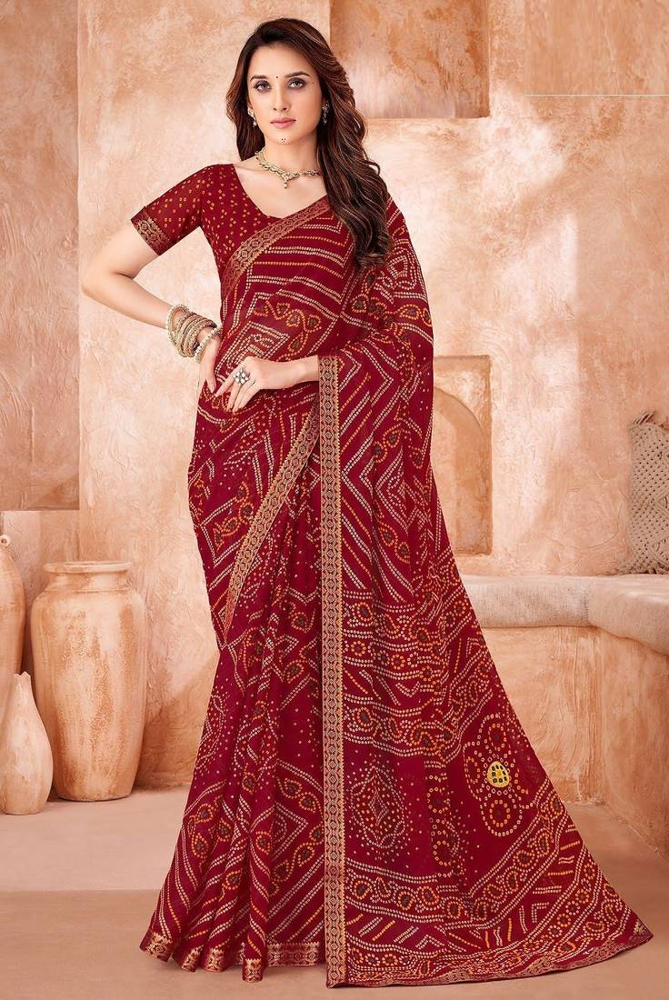 maroon chiffon bandhani geometric printed saree with blouse 