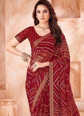 maroon chiffon bandhani geometric printed saree with blouse  2