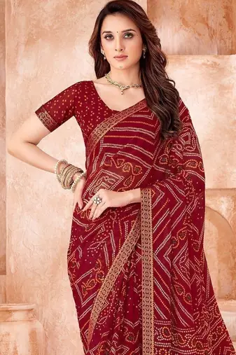 maroon chiffon bandhani geometric printed saree with blouse 