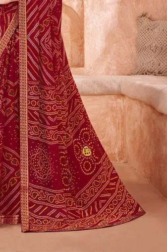 maroon chiffon bandhani geometric printed saree with blouse 