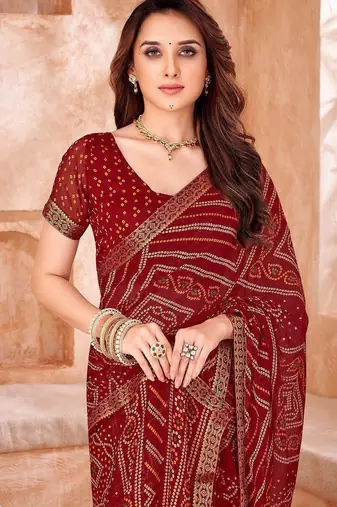 maroon chiffon bandhani geometric printed saree with blouse 