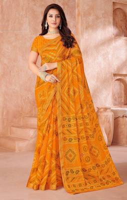 yellow chiffon bandhani geometric printed saree with blouse  1