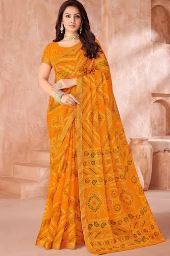 yellow chiffon bandhani geometric printed saree with blouse 