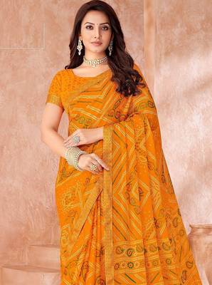yellow chiffon bandhani geometric printed saree with blouse  2