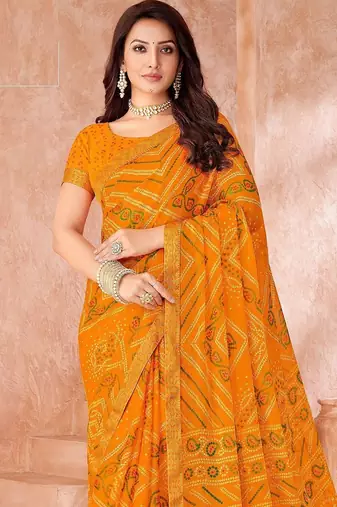 yellow chiffon bandhani geometric printed saree with blouse 