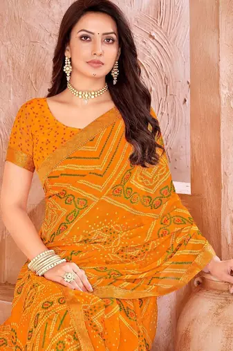 yellow chiffon bandhani geometric printed saree with blouse 
