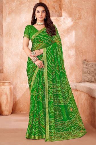 light green chiffon bandhani geometric printed saree with blouse 