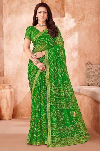 light green chiffon bandhani geometric printed saree with blouse 