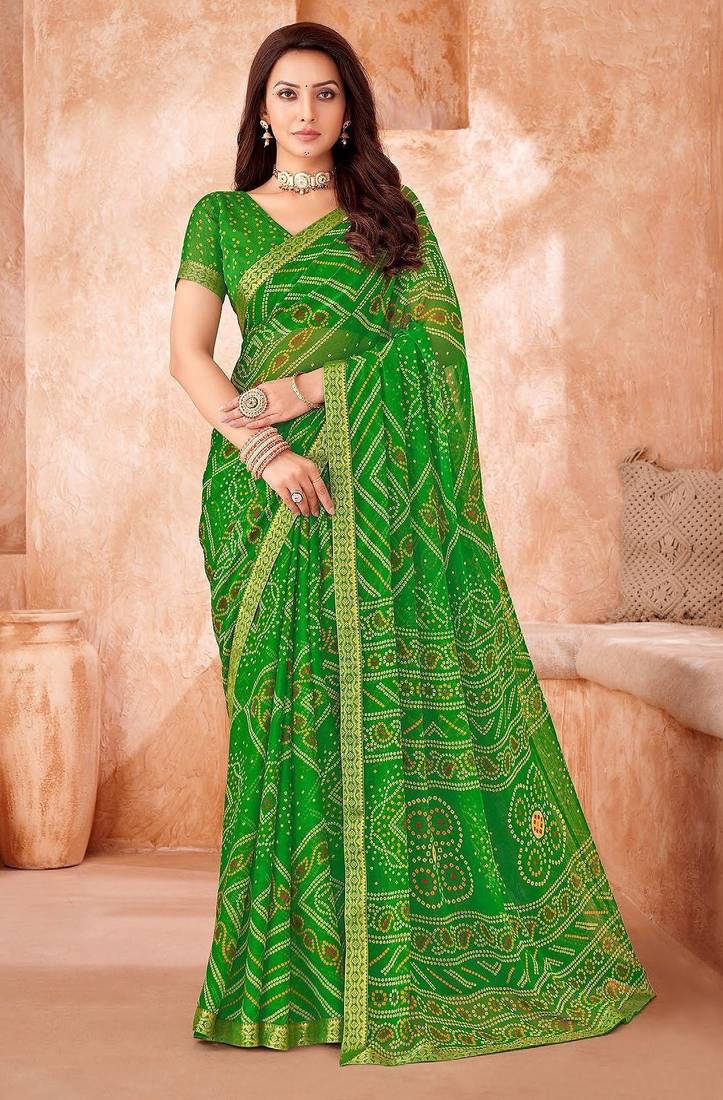 light green chiffon bandhani geometric printed saree with blouse 