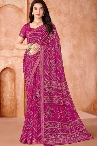 magenta chiffon bandhani geometric printed saree with blouse 