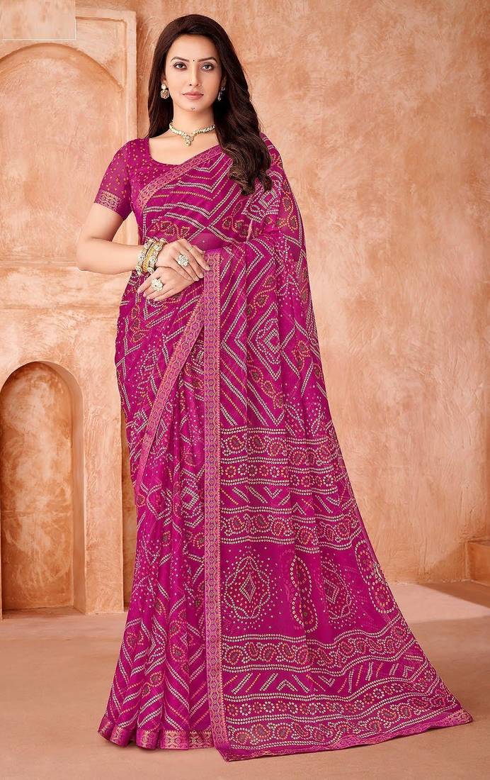 magenta chiffon bandhani geometric printed saree with blouse 
