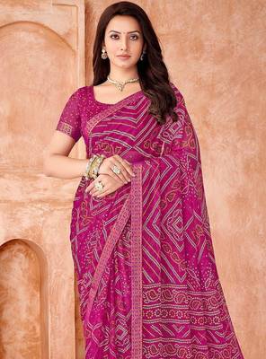 magenta chiffon bandhani geometric printed saree with blouse  2