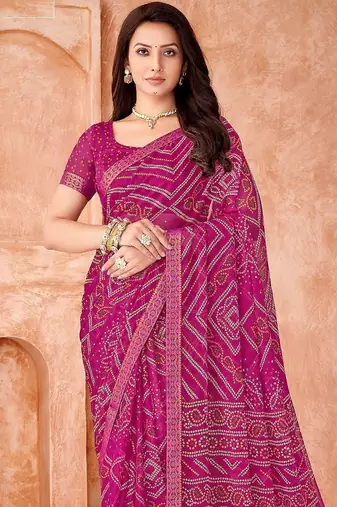 magenta chiffon bandhani geometric printed saree with blouse 