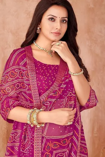 magenta chiffon bandhani geometric printed saree with blouse 