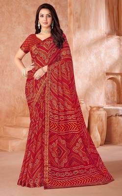 red chiffon bandhani geometric printed saree with blouse  1