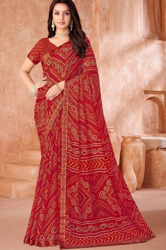 red chiffon bandhani geometric printed saree with blouse 