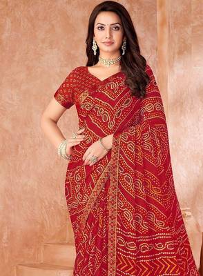 red chiffon bandhani geometric printed saree with blouse  2