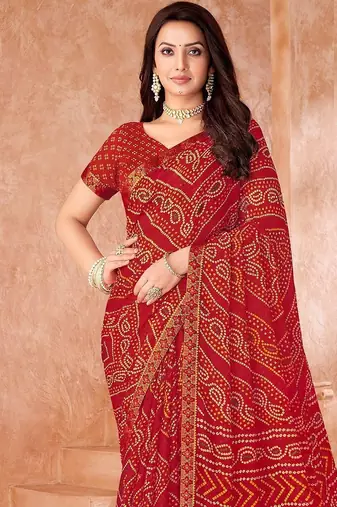 red chiffon bandhani geometric printed saree with blouse 