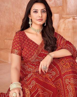 red chiffon bandhani geometric printed saree with blouse  3