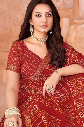red chiffon bandhani geometric printed saree with blouse 