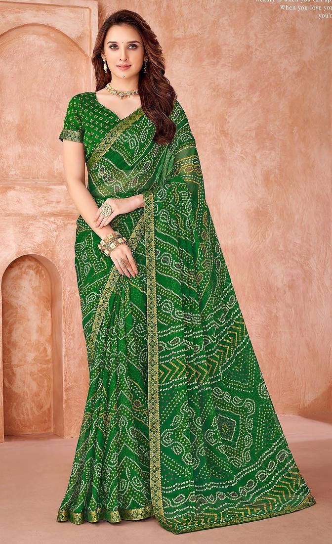 green chiffon bandhani geometric printed saree with blouse 
