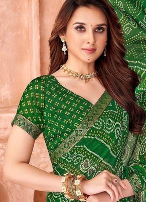 green chiffon bandhani geometric printed saree with blouse  2