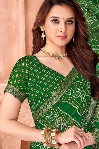 green chiffon bandhani geometric printed saree with blouse 