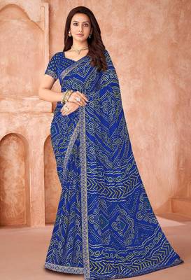blue chiffon bandhani geometric printed saree with blouse  1