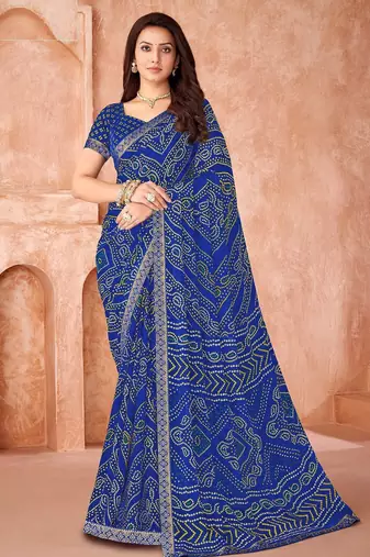 blue chiffon bandhani geometric printed saree with blouse 