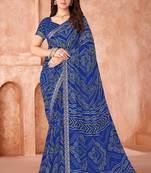 blue chiffon bandhani geometric printed saree with blouse 