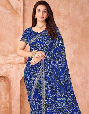 blue chiffon bandhani geometric printed saree with blouse  2