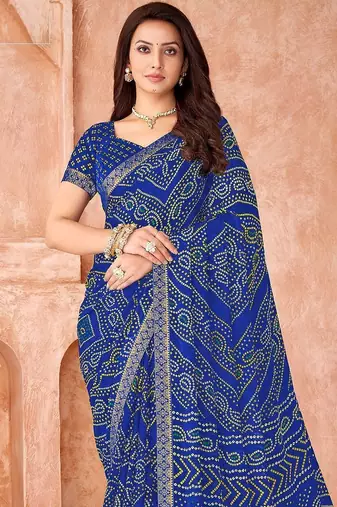 blue chiffon bandhani geometric printed saree with blouse 