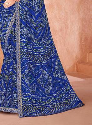 blue chiffon bandhani geometric printed saree with blouse  3