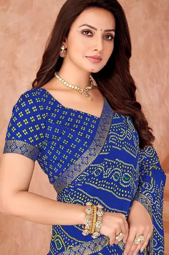blue chiffon bandhani geometric printed saree with blouse 