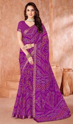 purple chiffon bandhani geometric printed saree with blouse  1