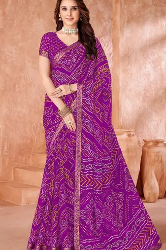 purple chiffon bandhani geometric printed saree with blouse 