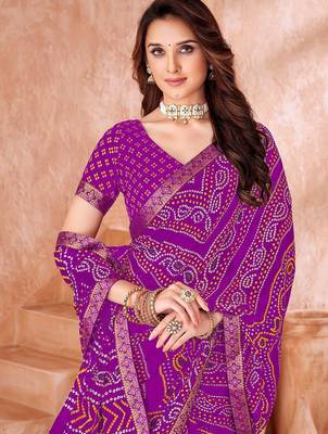 purple chiffon bandhani geometric printed saree with blouse  2
