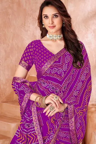 purple chiffon bandhani geometric printed saree with blouse 